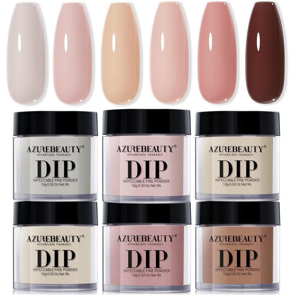 AZUREBEAUTY Dip Powder Nail Set front view showcasing the packaging box and six nude brown powder jars.