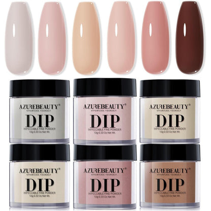AZUREBEAUTY Dip Powder Nail Set front view showcasing the packaging box and six nude brown powder jars.