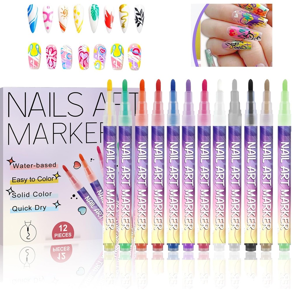 Pakivs 12 Color Nail Art Pens Set for detailed 3D nail designs