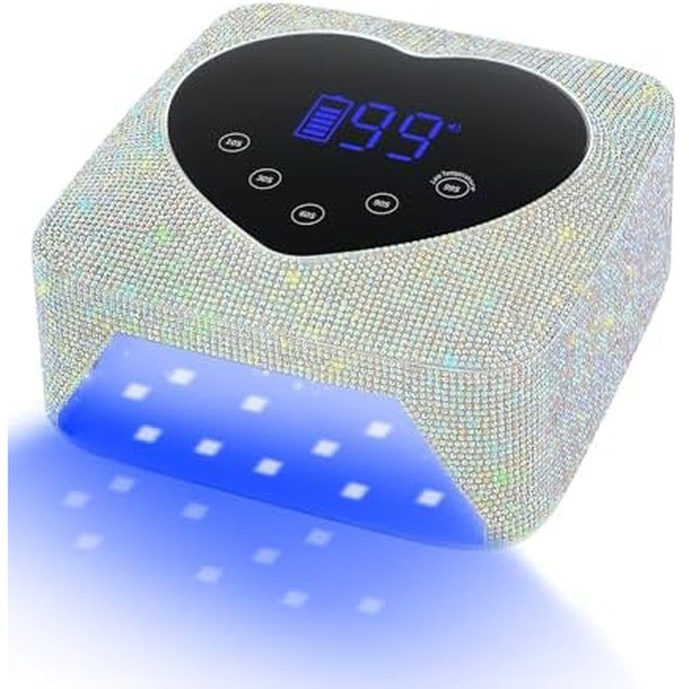 HUGMAPLE Cordless UV Nail Lamp 72W front view showing the silver diamond rhinestone exterior and heart-shaped digital display screen.