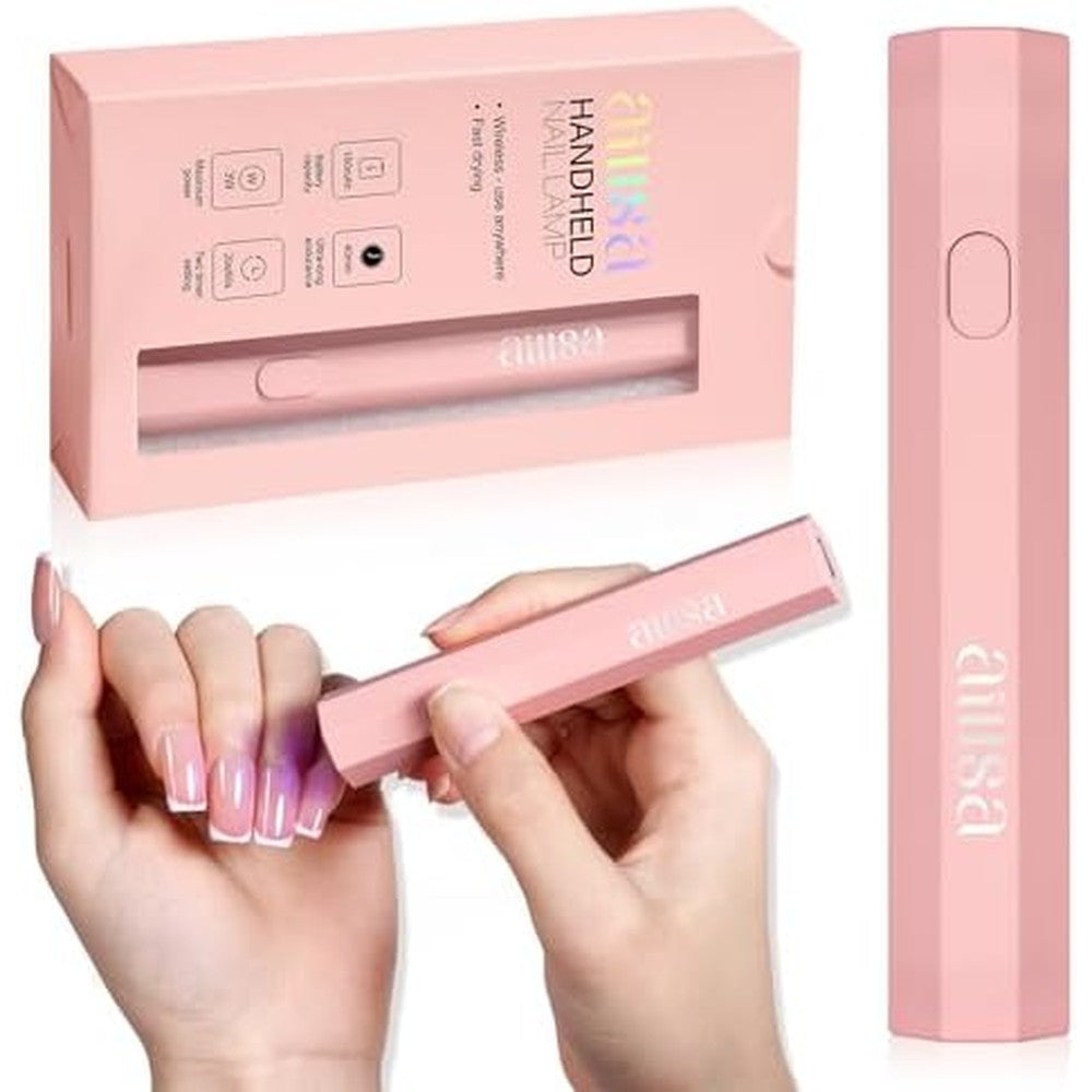 AILLSA handheld UV light for gel nails in pink shown from the front view showcasing its compact stick design.