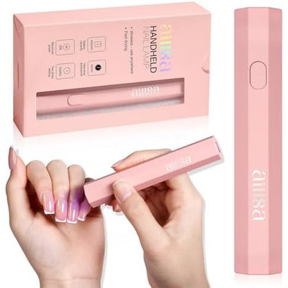 AILLSA handheld UV light for gel nails in pink shown from the front view showcasing its compact stick design.