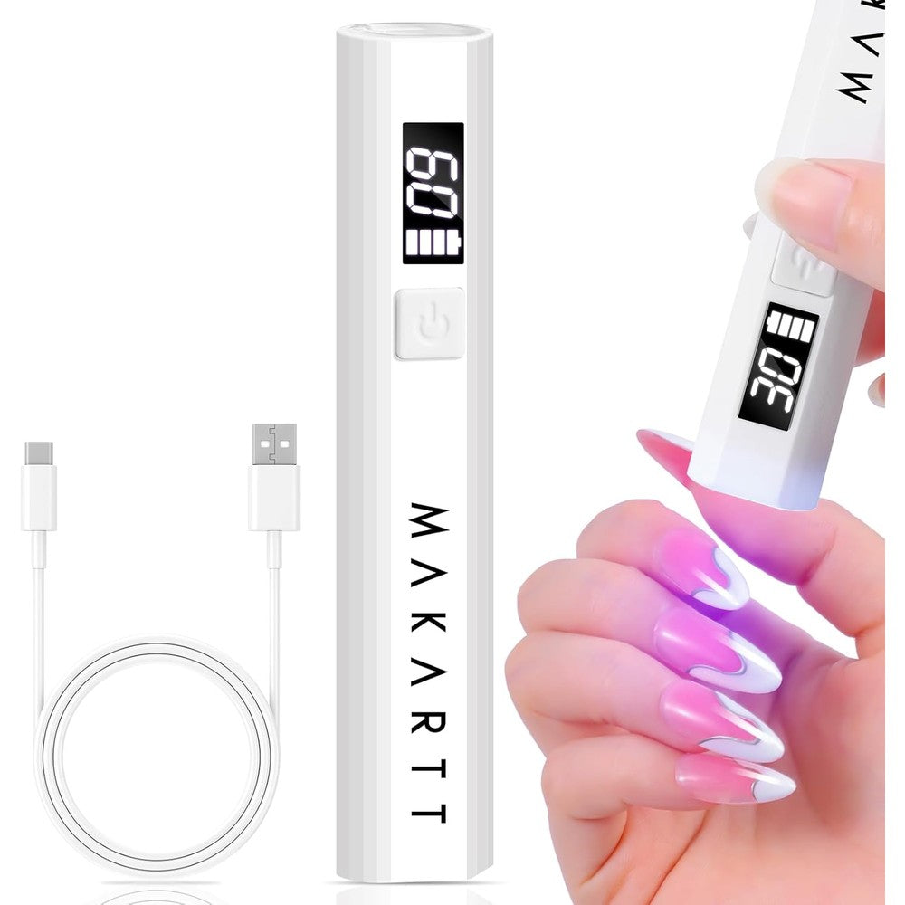 Makartt handheld UV light for gel nails front view showing white cylindrical body and LCD display.