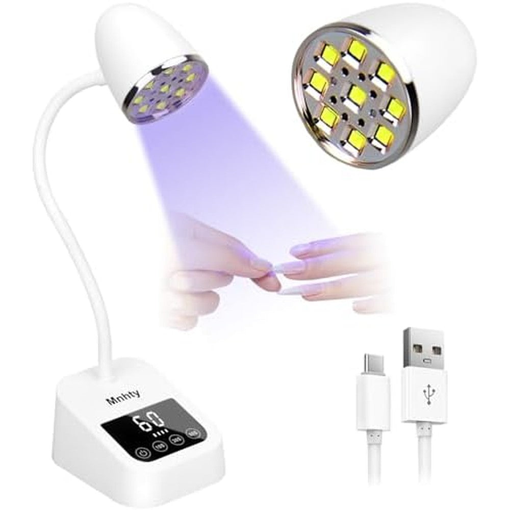 Mnhty UV LED nail lamp front view showcasing the white gooseneck design and digital display screen.