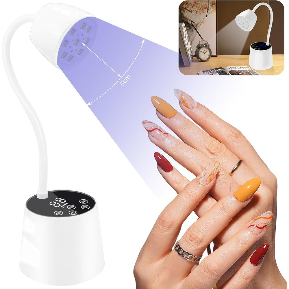 DAQVQ UV LED Nail Lamp front view showing white base and flexible gooseneck.