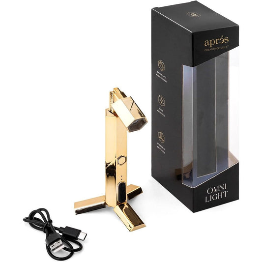 APRÉS Omni Light Gold front view showing the sleek cordless flash curing wand design.