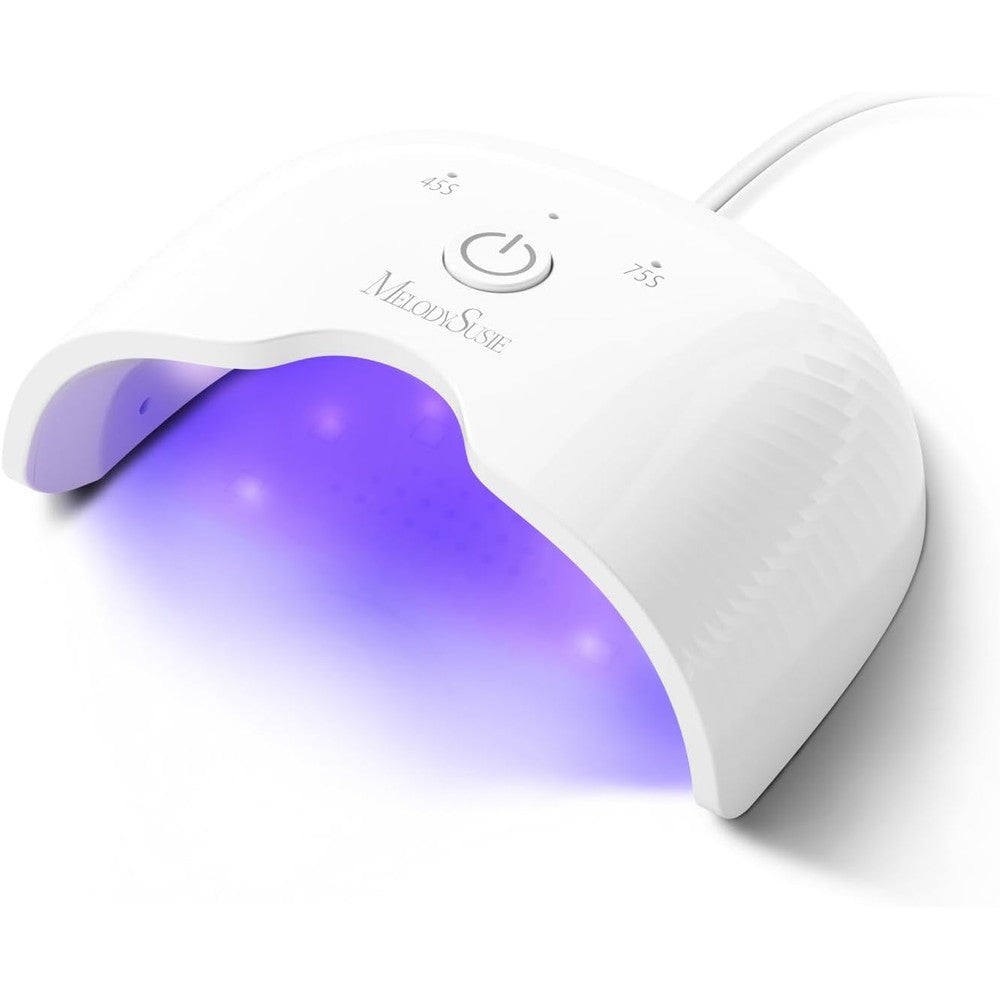 MelodySusie Mini LED UV Nail Lamp front view showing compact white design and center button control.