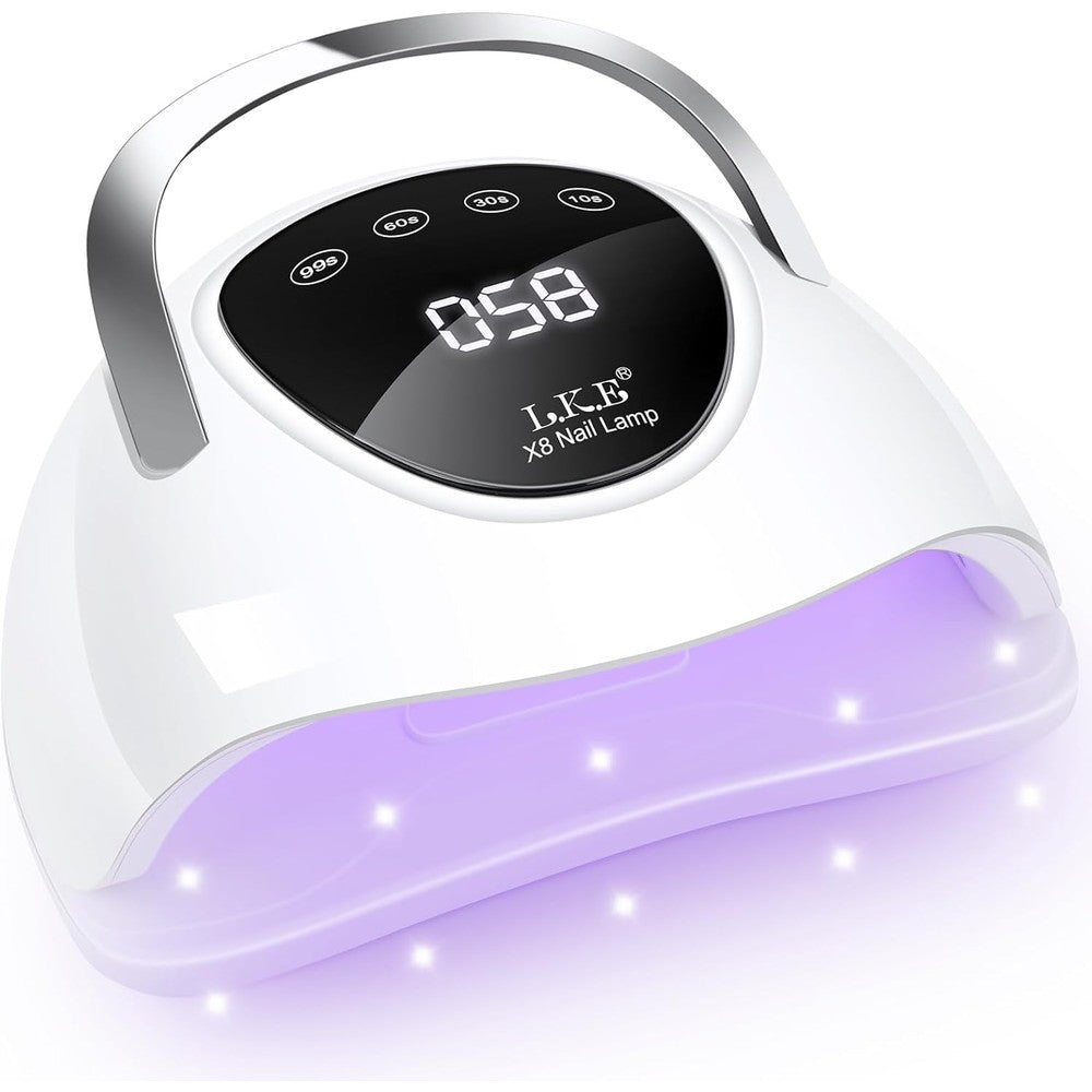 LKE LED Nail Lamp professional 150W UV gel nail dryer front view showing digital LCD display screen.