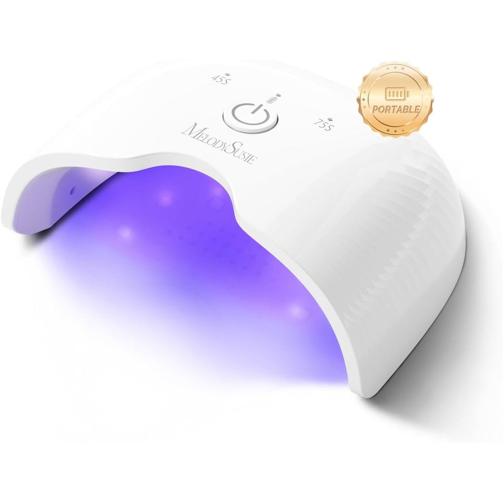 MelodySusie Small Cordless UV Nail Lamp front view showing the compact white arch structure.