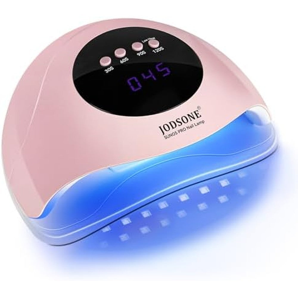 JODSONE Quick UV LED Nail Lamp front view showing the digital LCD display screen and sleek pink design.