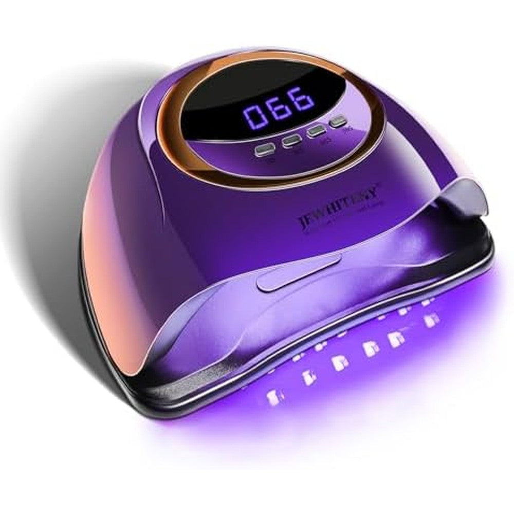 JEWHITENY Purple Fast UV Gel Nail Lamp Dryer front view showing the metallic purple finish and digital LCD display screen.