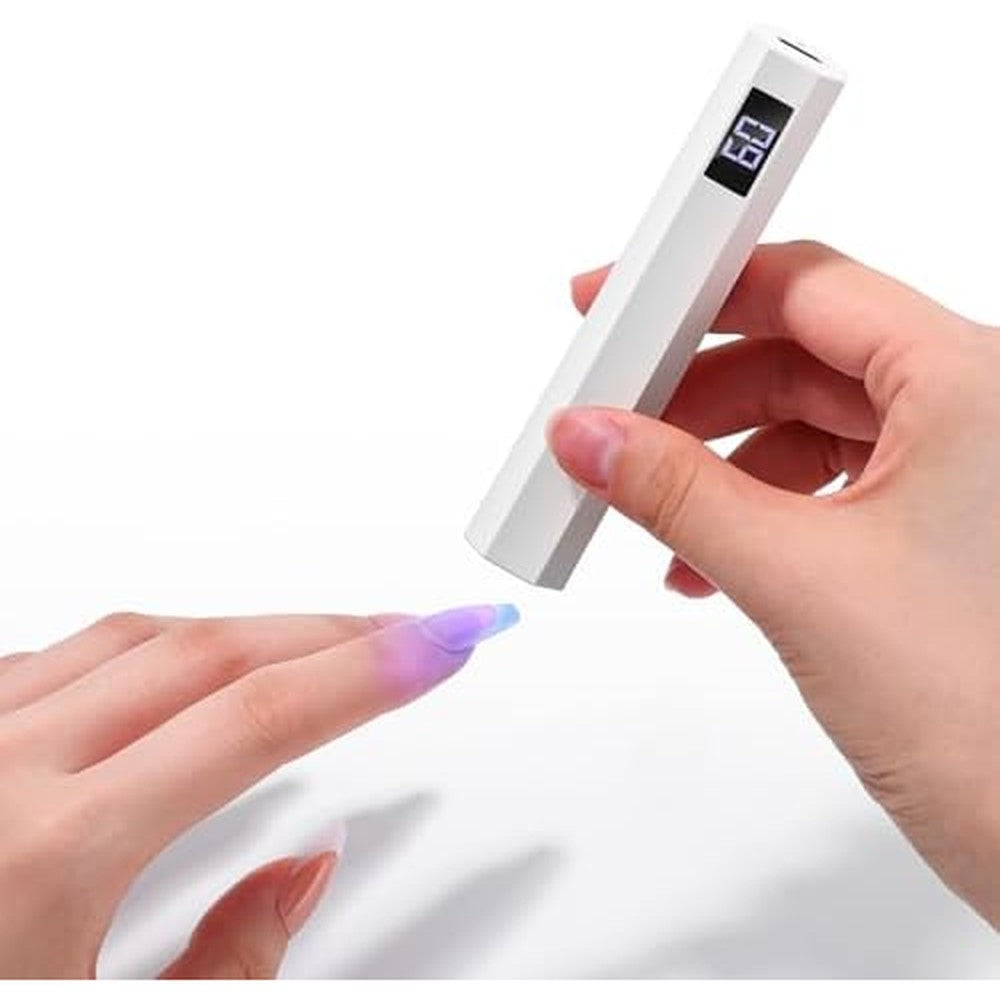 Saviland mini LED UV nail lamp front view showcasing the digital LCD timer display screen.