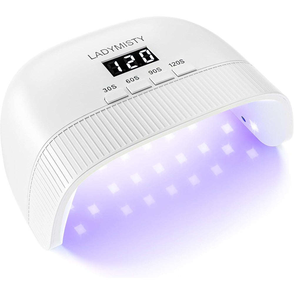 LadyMisty UV Nail Lamp front view showing the digital LCD display screen and matte white rectangular housing.