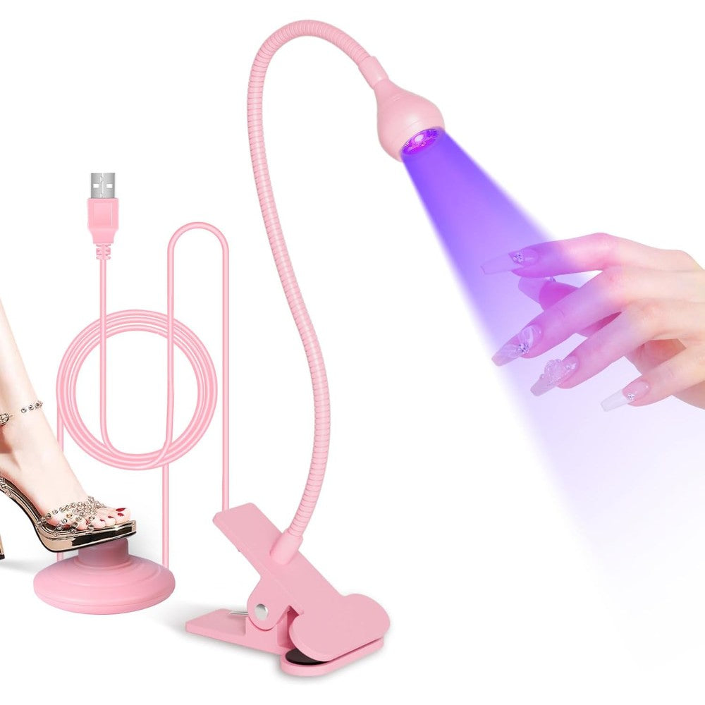 AORAEM UV LED Nail Lamp front view showing the pink lamp head and flexible metal gooseneck