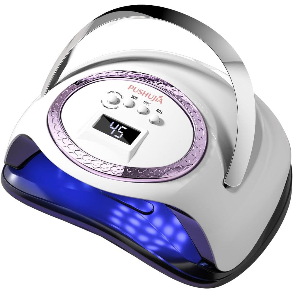 PUSHUJIA professional UV LED nail lamp front view showing purple digital display screen.