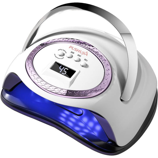 PUSHUJIA professional UV LED nail lamp front view showing purple digital display screen.