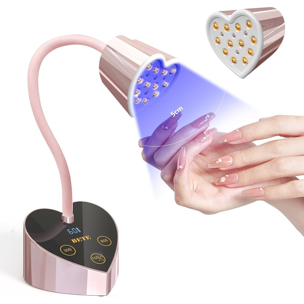BETE Mini UV Nail Lamp front view of rose gold heart shaped base and gooseneck