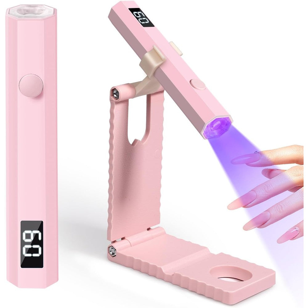 Krofaue mini handheld UV light for gel nails front view with pink foldable stand setup