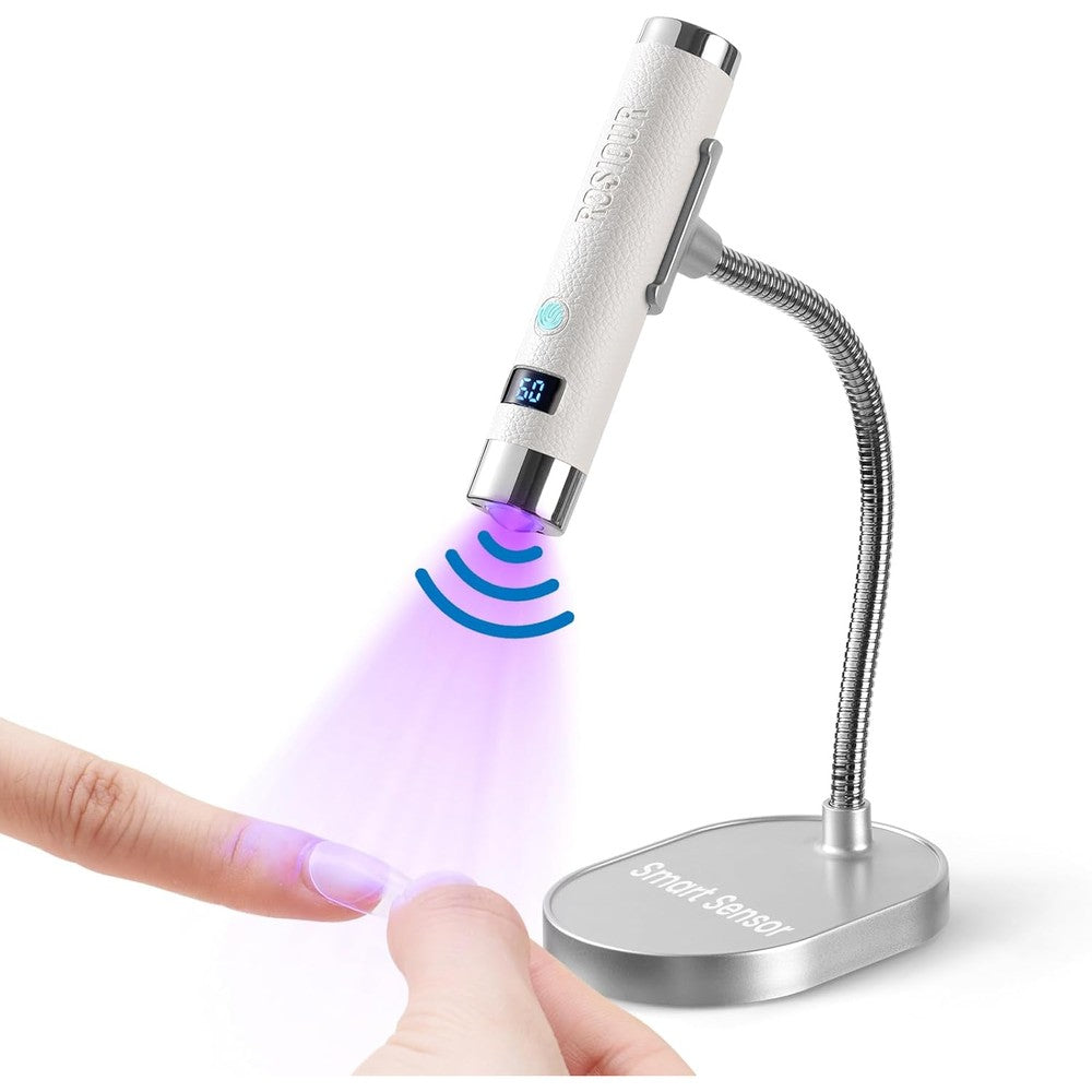Rosiour mini UV lamp for gel nails front view showing white textured leatherette body and digital display screen.