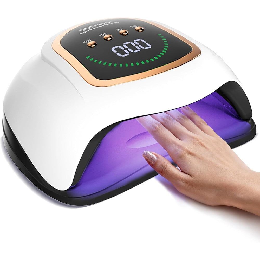 Gugusure UV LED nail lamp front view showcasing white housing and rose gold trim.