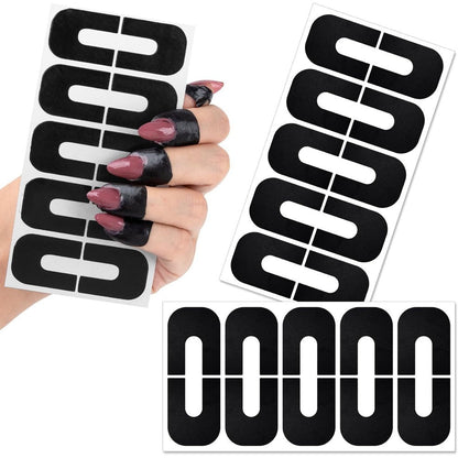 PAGOW 30 Pieces Nail Polish Protector front view showing black U-shaped stickers on a backing sheet.