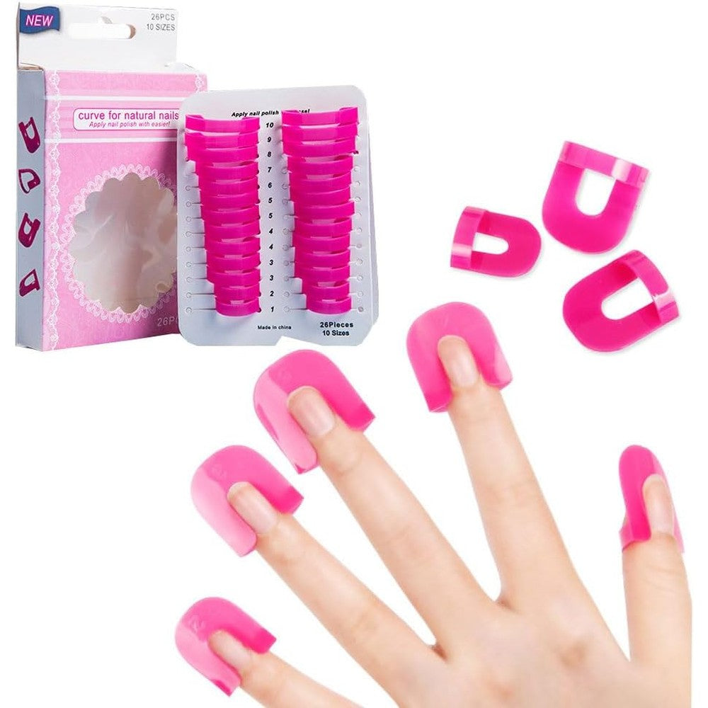 Faddare nail polish anti overflow clip front view showing hot pink plastic shields on fingers