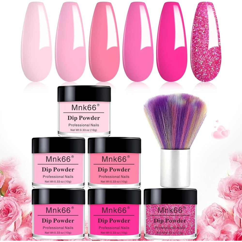 Mnk66 6 Colors Dip Powder Set front view showing pink and glitter shades