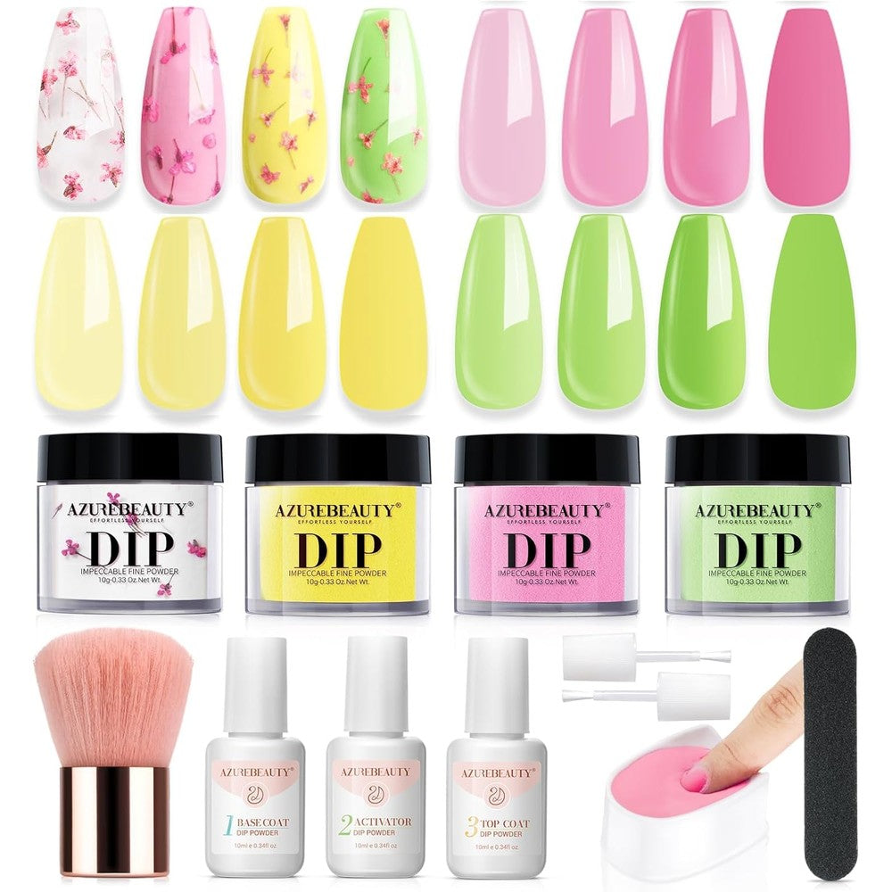 Azurebeauty Bright Yellow Dip Powder Nail Kit with liquids and flowers front view
