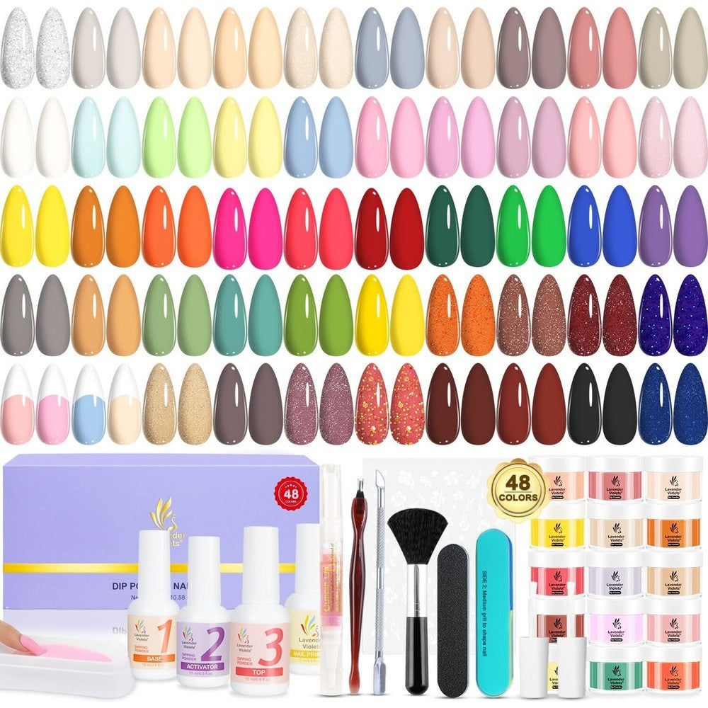 Lavender Violets 48 color dip powder kit front view with manicure tools