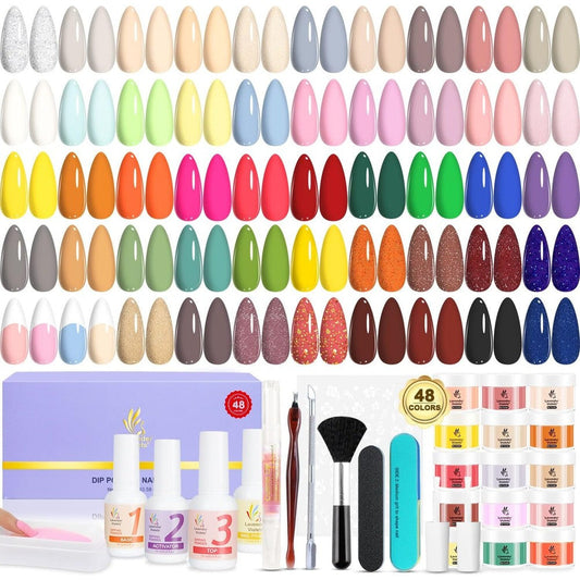 Lavender Violets 48 color dip powder kit front view with manicure tools