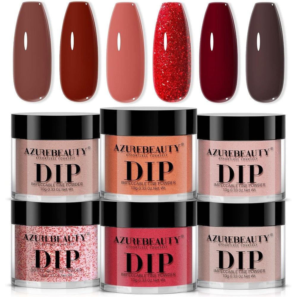Azurebeauty 6 color brown red glitter dip powder kit front view