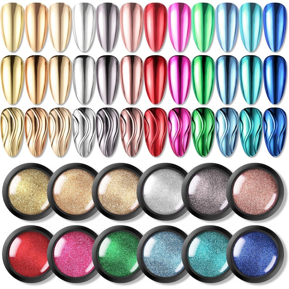 Born Pretty 12 color mirror chrome nail powder set front view