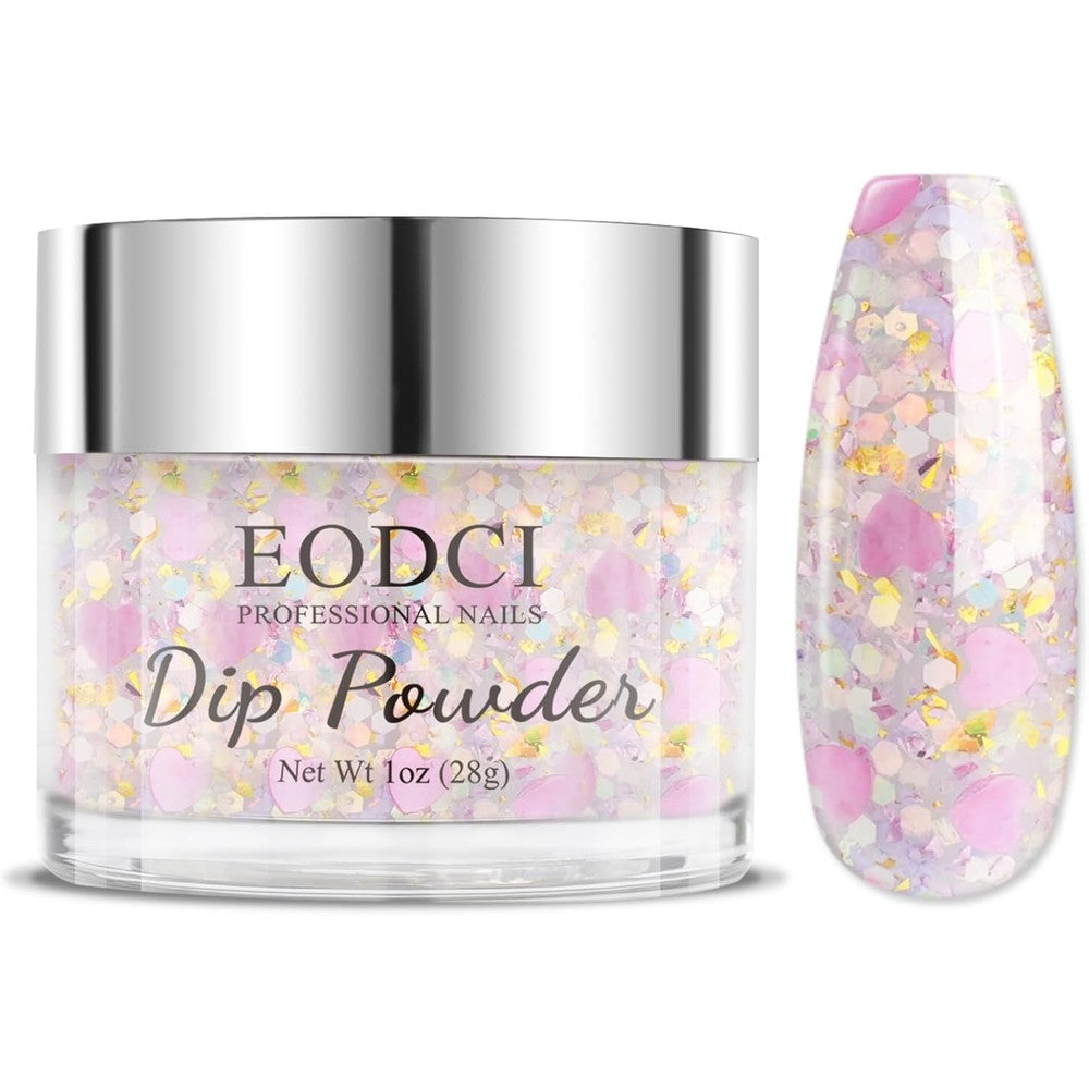 Eodci heart shaped glitter pink nail dip powder jar front view