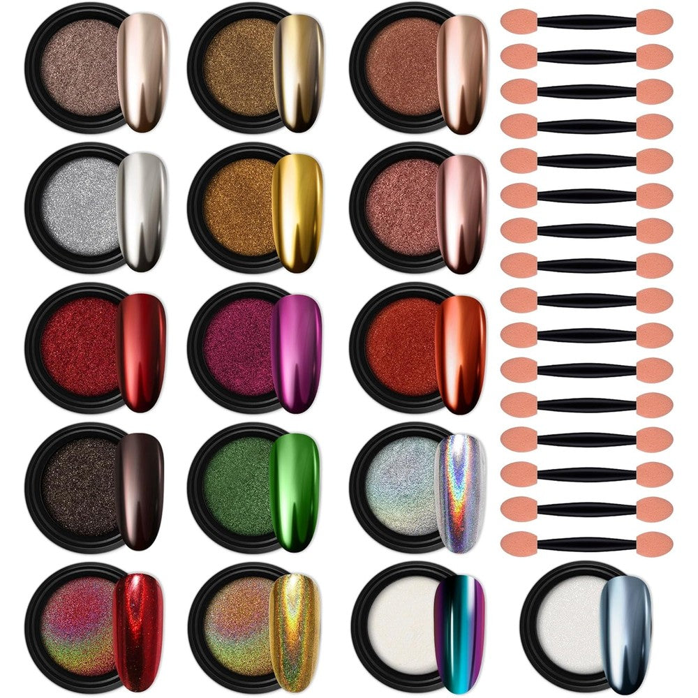 Artdone 16 Jars Chrome Nail Powder Kit front view with metallic colors