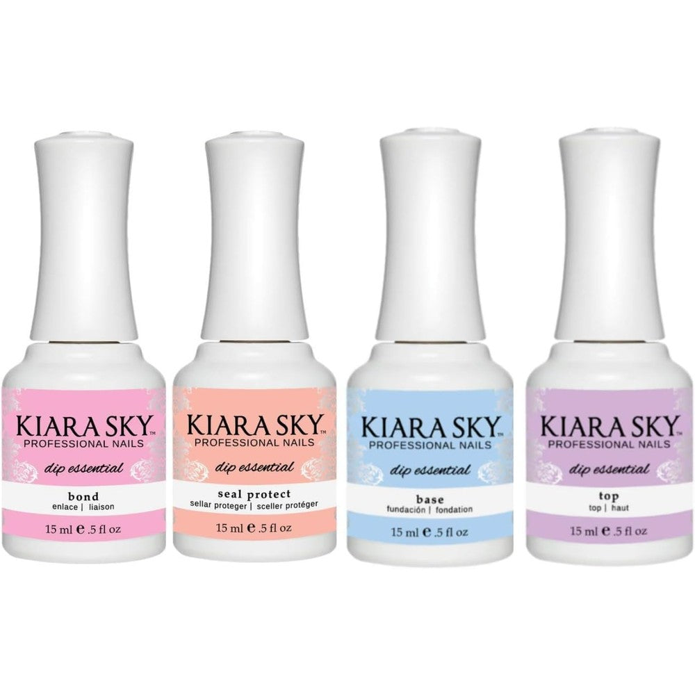 Kiara Sky Dip Manicure Nail Liquid Essentials Kit front view showing the complete four step professional salon system bottles