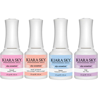 Kiara Sky Dip Manicure Nail Liquid Essentials Kit front view showing the complete four step professional salon system bottles