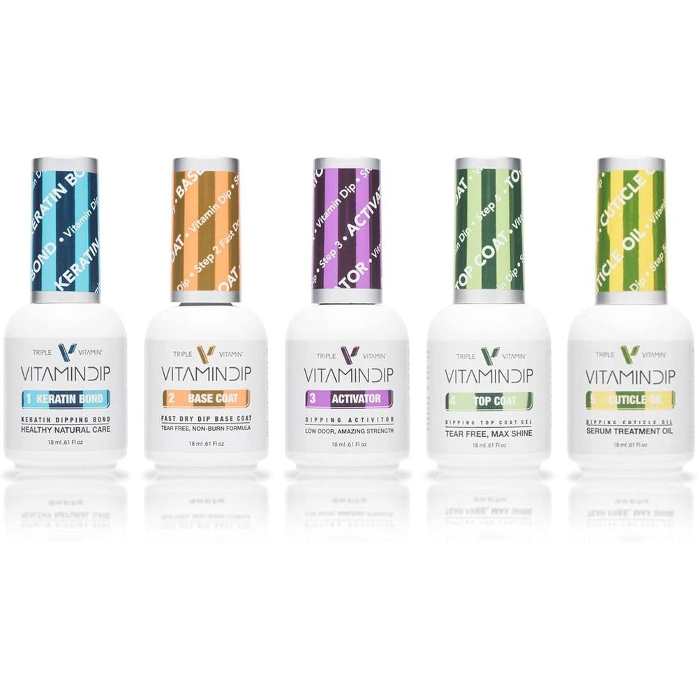 Triple Vitamin Dip Powder Nail Liquid Set five bottle lineup showing step numbers one through five front view.