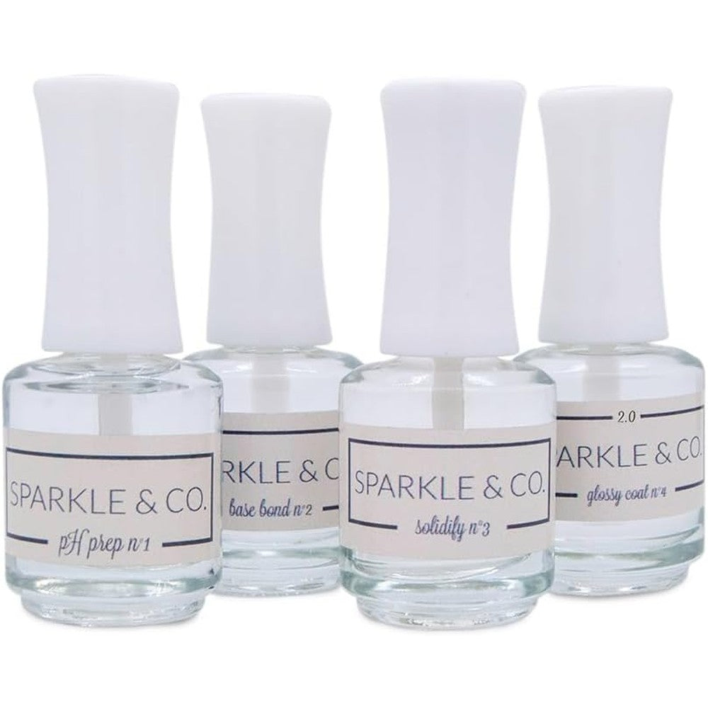 Sparkle & Co. 4 Step Dip Powder Liquid System front view showcasing professional nail salon bottles