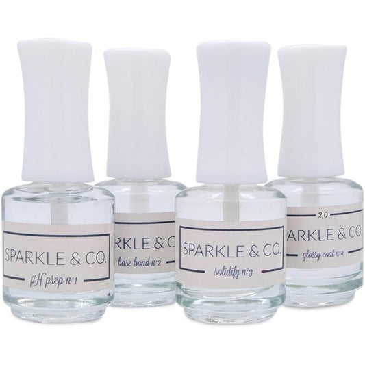 Sparkle & Co. 4 Step Dip Powder Liquid System front view showcasing professional nail salon bottles