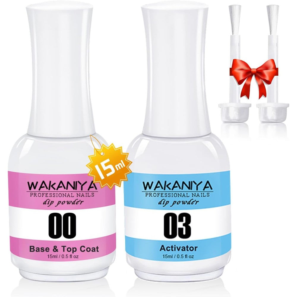 Wakaniya 2 in 1 dip powder base top coat and activator liquid set front view