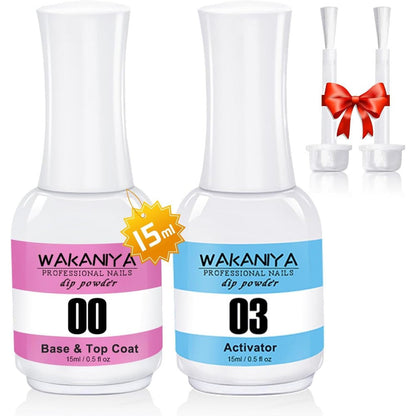 Wakaniya 2 in 1 dip powder base top coat and activator liquid set front view