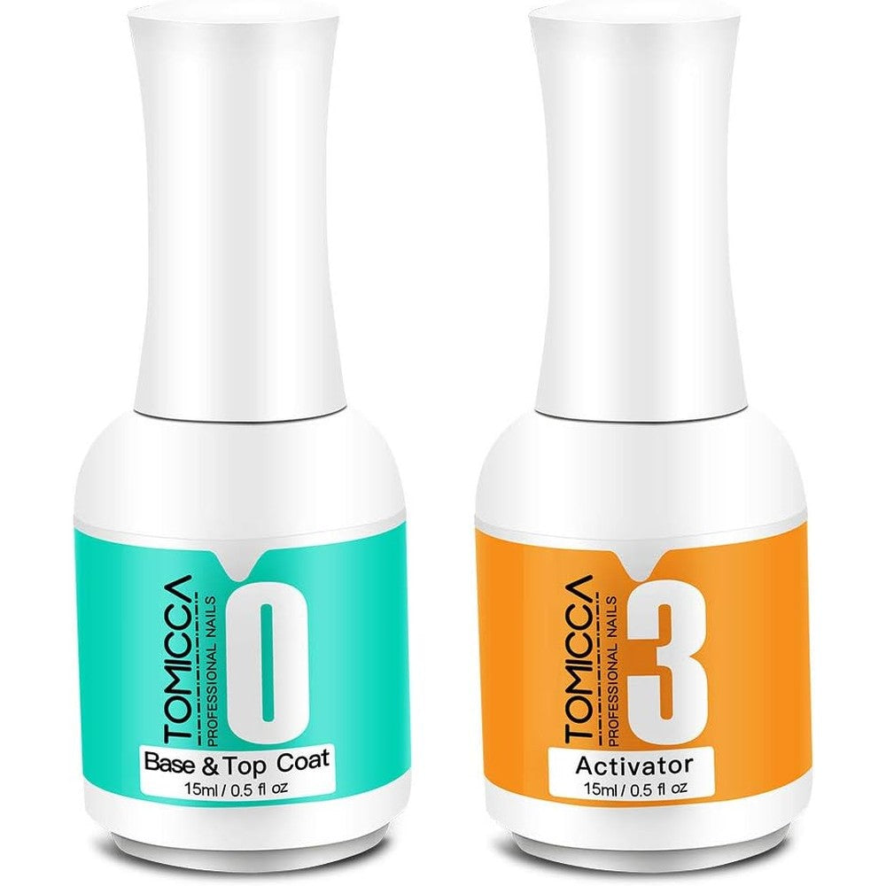 TOMICCA 2 in 1 dip powder liquid set front view showing bottles of activator and base top coat