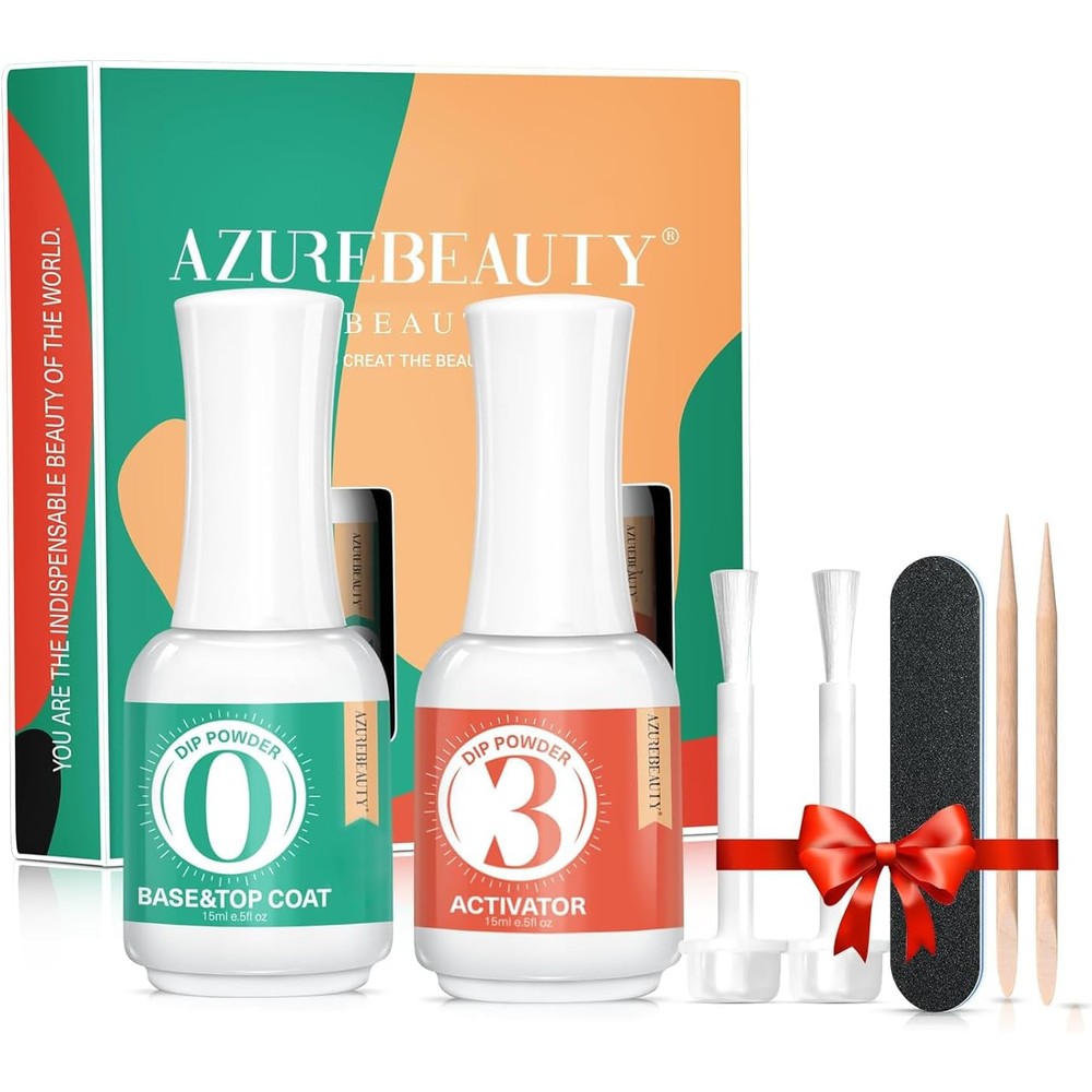 AZUREBEAUTY 2 in 1 dip powder base and top coat with activator bottles front view for home manicures