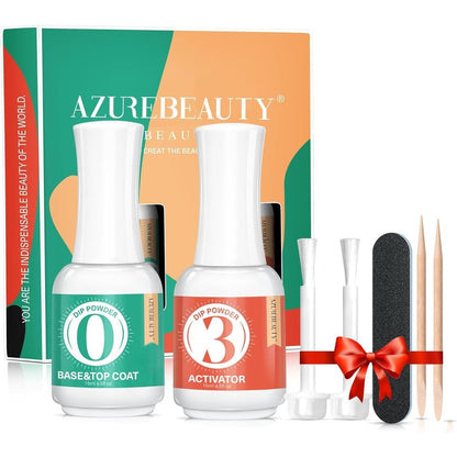 AZUREBEAUTY 2 in 1 dip powder base and top coat with activator bottles front view for home manicures