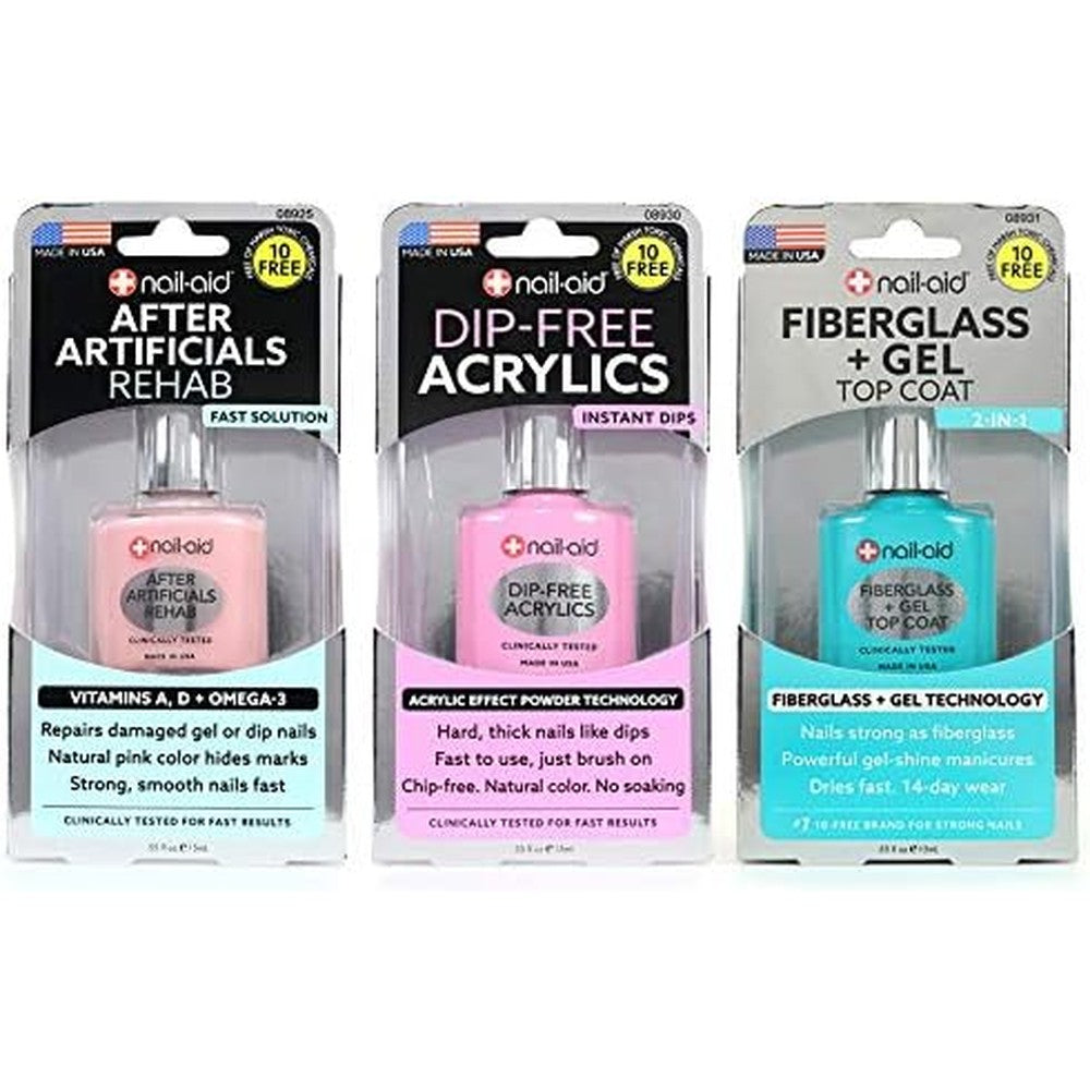Nail-Aid 3-Piece Treatment Kit front packaging view containing After Artificials, Dip-Free Acrylics, and Fiberglass Gel Top Coat bottles.