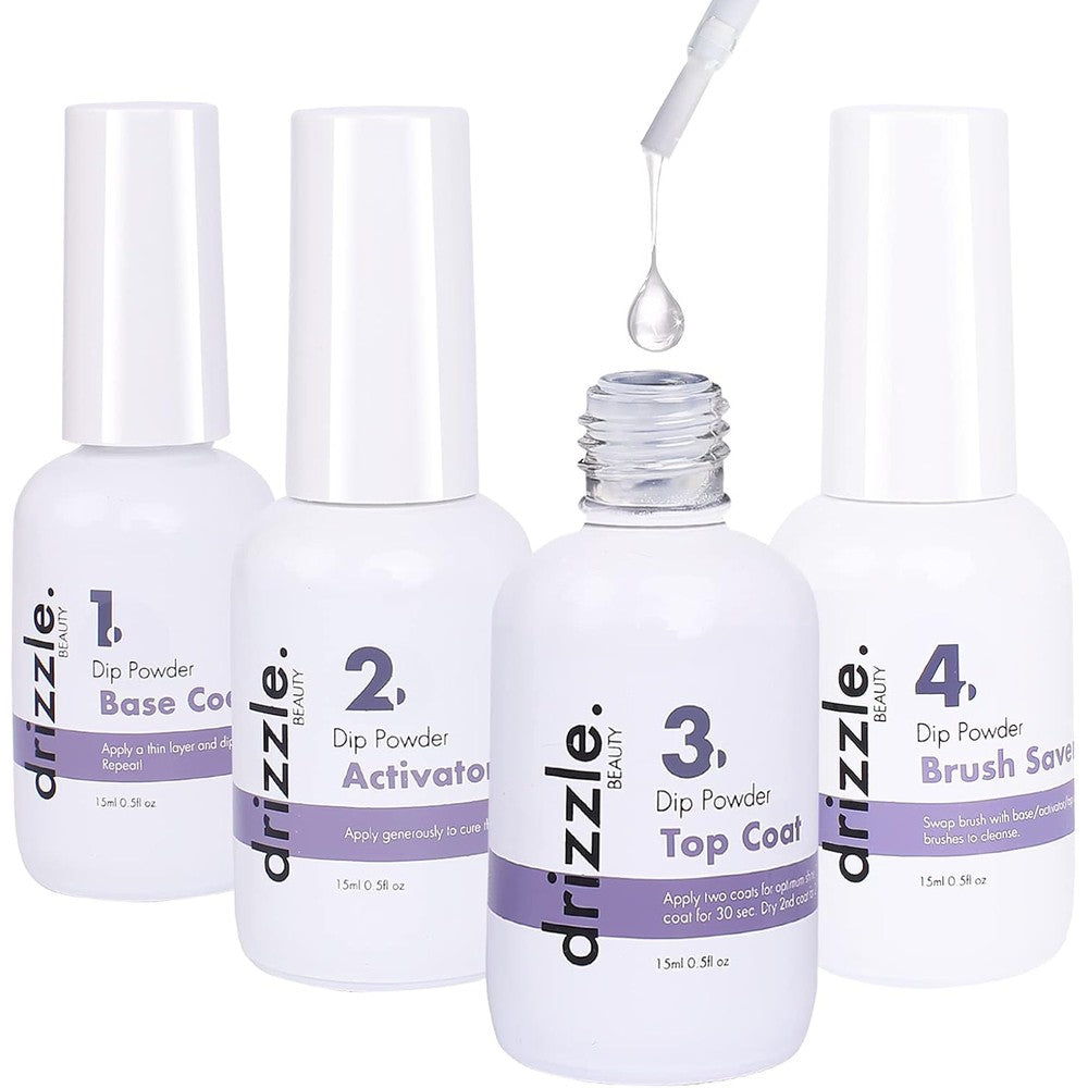 Drizzle Beauty Dip Powder Liquid Set front view showing four essential manicure bottles.