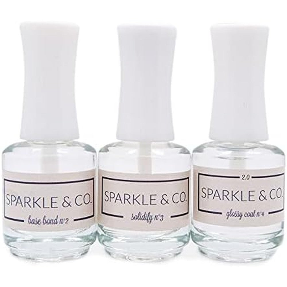 Sparkle & Co. Base Bond Solidify and Glossy Coat 2.0 three bottle set front view showcasing clear glass bottles.