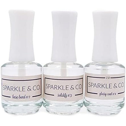 Sparkle & Co. Base Bond Solidify and Glossy Coat 2.0 three bottle set front view showcasing clear glass bottles.