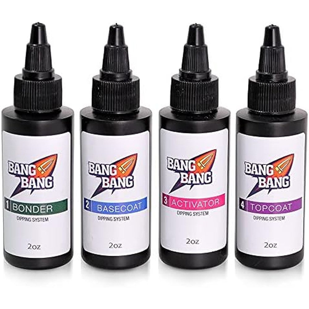 BangBang Nail Dipping Powder Solutions 4 bottle liquid set front view on white background