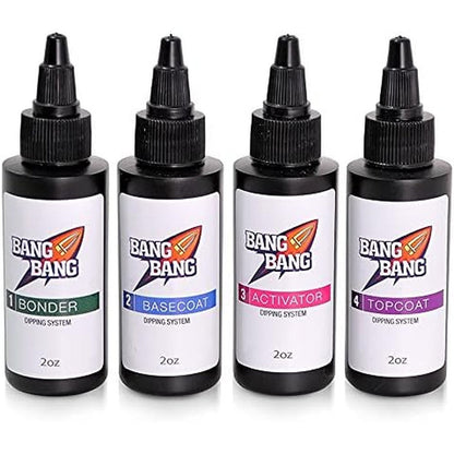 BangBang Nail Dipping Powder Solutions 4 bottle liquid set front view on white background